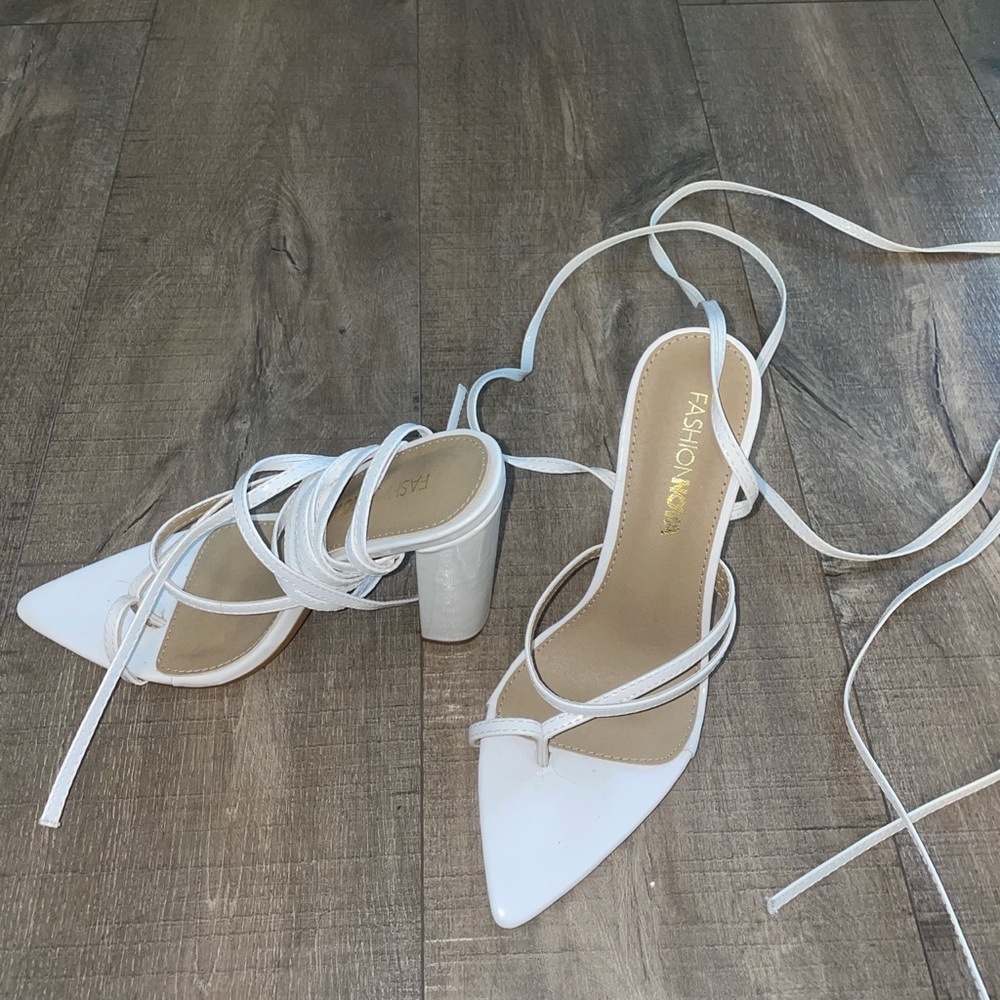 White lace up sandal heels